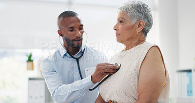 Buy stock photo Stethoscope, examination and doctor with senior woman at hospital for lungs, chest or breathing assessment. Heart, listen and elderly patient consulting cardiologist for heartbeat, pulse or checkup
