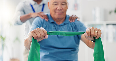 Resistance band, physical therapy and old man with physiotherapist, muscle training and strength with senior care. Health, wellness and people at physio clinic with rehabilitation and equipment