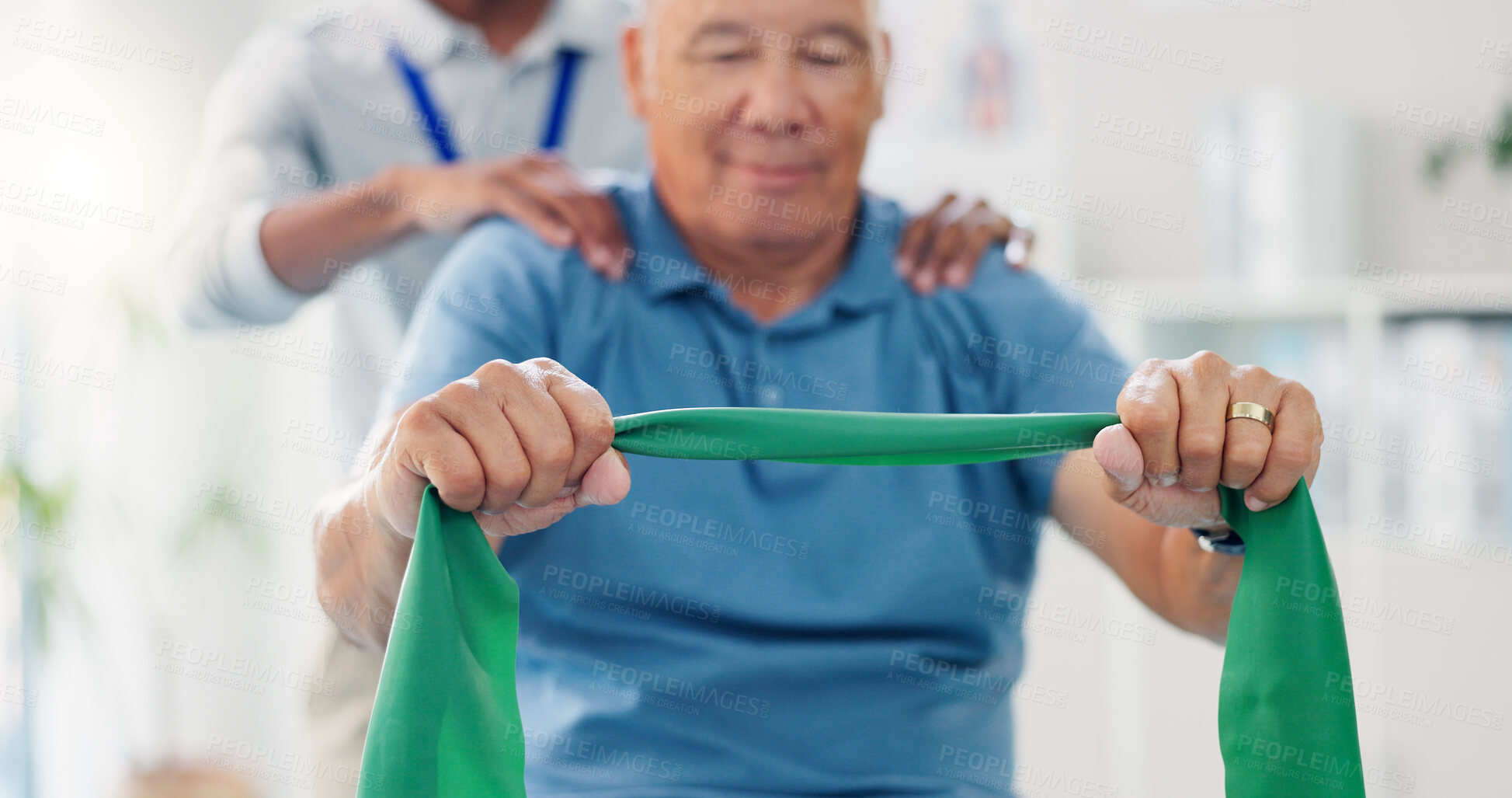 Buy stock photo Resistance band, physical therapy and old man with physiotherapist, muscle training and strength with senior care. Health, wellness and people at physio clinic with rehabilitation and equipment