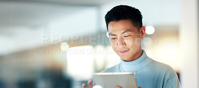 Asian man with tablet, smile and scroll, thinking and reading email, review or article at startup. Internet, research and happy businessman with digital app for with networking, social media or web.