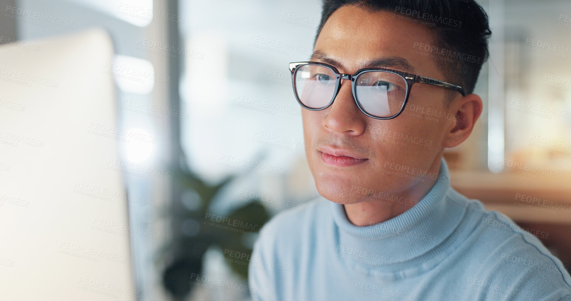 Buy stock photo Asian man at computer, glasses and reflection, thinking and reading email, review or article at digital agency. Internet, research and businessman at tech startup with report, networking or feedback.