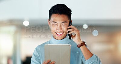 Business, phone call and Asian man with a tablet, smile and creative with connection, contact and internet. Japanese person, employee and entrepreneur with a smartphone, conversation and technology