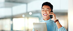 Business, phone call and Asian man with a tablet, smile and creative with connection, contact and internet. Japanese person, employee and entrepreneur with a smartphone, conversation and technology