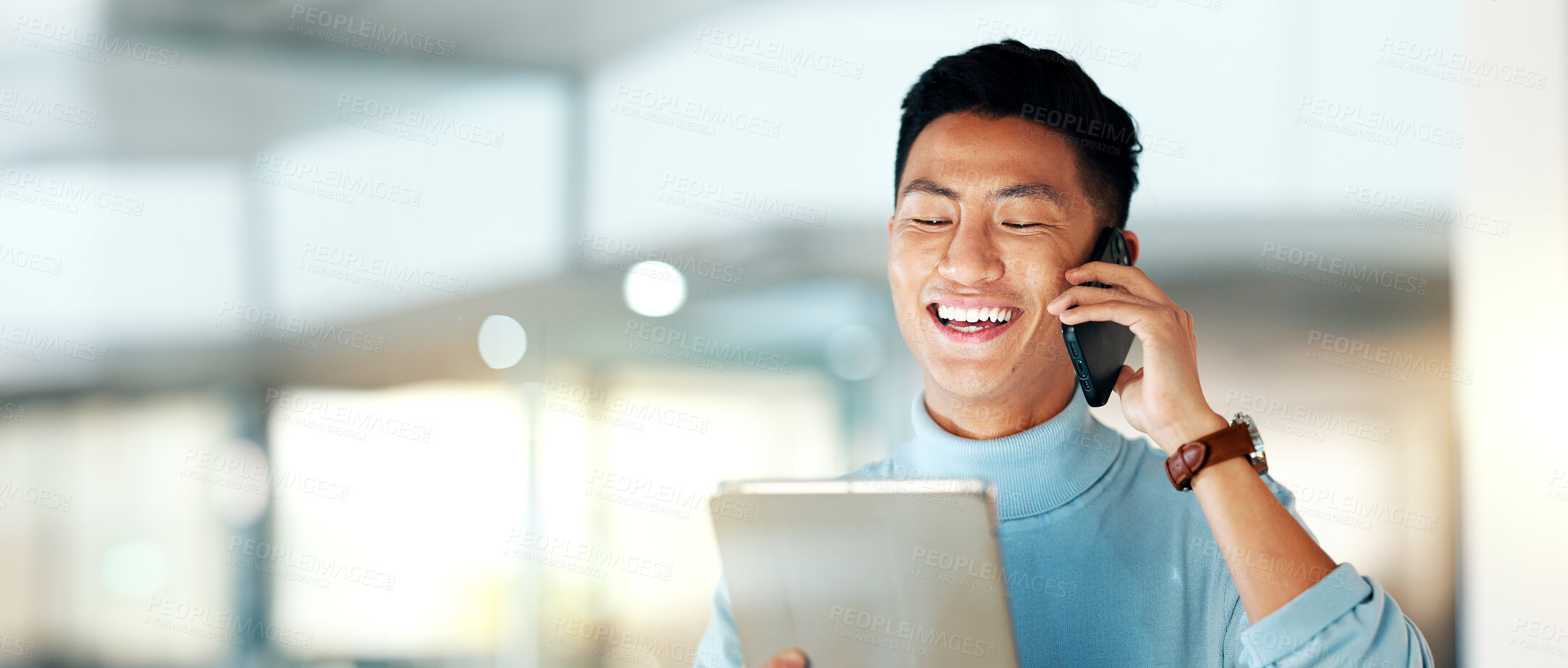 Buy stock photo Business, phone call and Asian man with a tablet, smile and creative with connection, contact and internet. Japanese person, employee and entrepreneur with a smartphone, conversation and technology