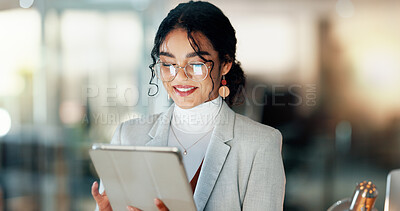 Buy stock photo Business, employee and woman with a tablet, internet and connection with social media, typing and meme. Happy person, consultant and sales agent with technology, website info and email notification