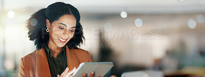 Woman in office with tablet, scroll and thinking, reading email review or article at startup. Internet, research and businesswoman with digital app for networking, social media or website for info.
