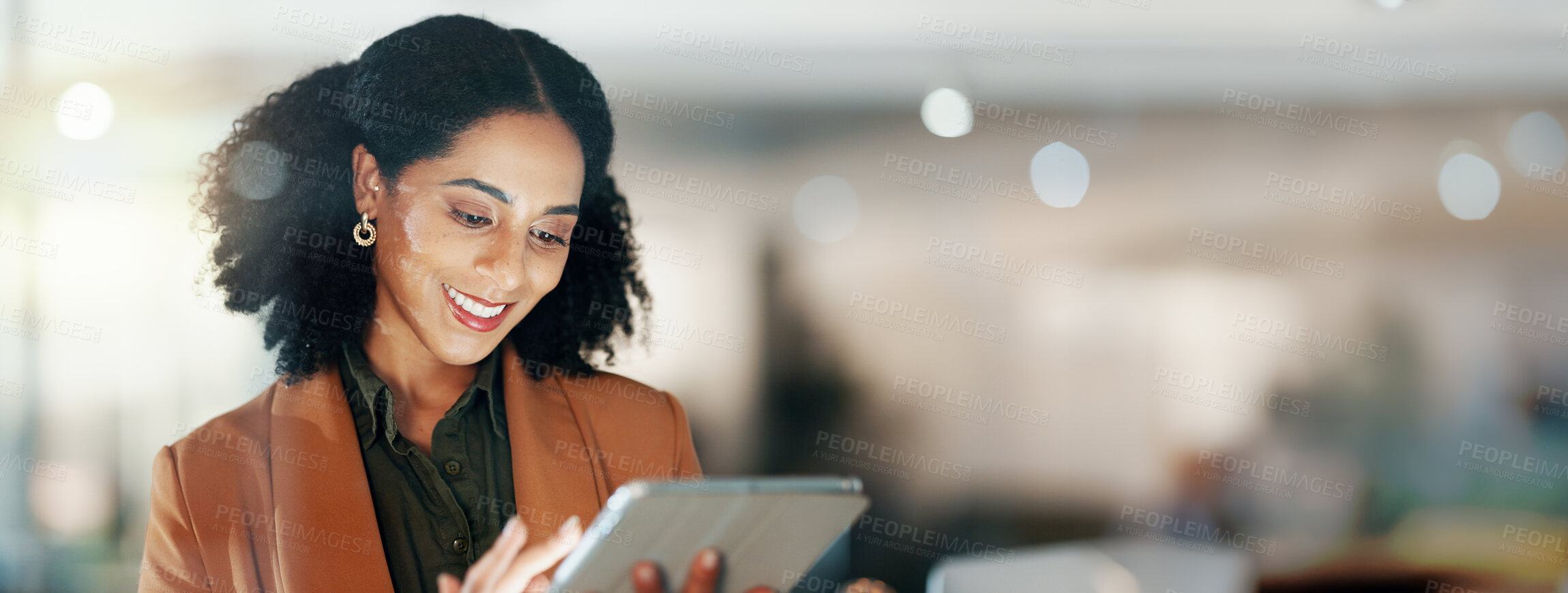Buy stock photo Woman in office with tablet, scroll and thinking, reading email review or article at startup. Internet, research and businesswoman with digital app for networking, social media or website for info.