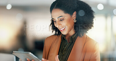 Woman in office with tablet, scroll and thinking, reading email review or article at startup. Internet, research and businesswoman with digital app for networking, social media or website for info.