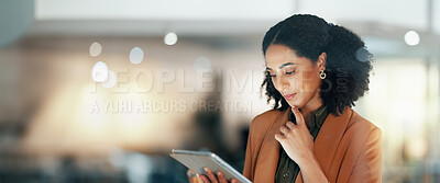 Buy stock photo Happy woman in office with tablet, scroll and thinking, reading email review or article at startup. Internet, research and girl with digital app for networking, social media or website for schedule.