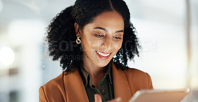 Businesswoman with smile, tablet and scroll, thinking and reading email, review or article at startup. Internet, research and woman on digital app for networking, social media or website for schedule