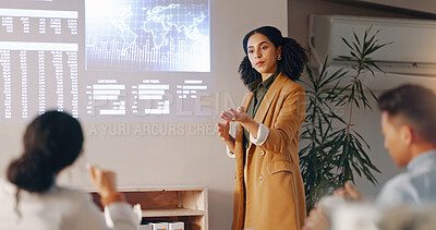 Buy stock photo Projector, presentation report and business woman answer employee engagement on globalization stats, chart or graph. Audience question, worldwide data or leader mentoring agent on world economy forum