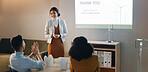 Applause, woman and presentation with workshop, eco friendly and research with corporate training, conference and review. Person, presenter and group with sustainability, feedback and energy seminar