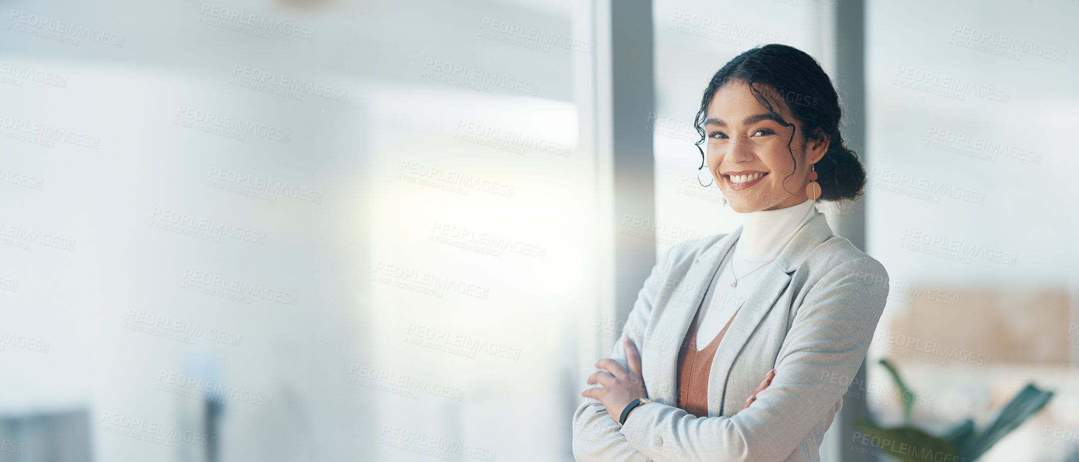 Buy stock photo Happy, face and woman with arms crossed in office with business pride and corporate work. Smile, company and portrait of a female employee with confidence and professional empowerment at an agency