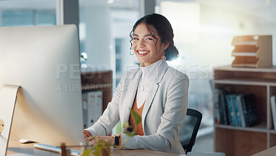 Buy stock photo Portrait of woman at desk with computer, smile and email, job report or article at digital agency. Internet, research and happy businesswoman at tech startup with online review, networking or project