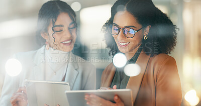 Buy stock photo Business women, teamwork and tablet planning for human resources solution, company management and ideas at night. HR manager and worker training for internship on digital technology in window bokeh