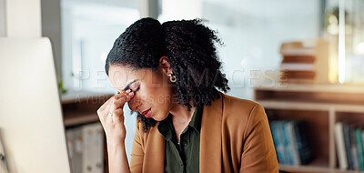 Business woman, headache and stress on computer for Human Resources fail, mistake or payroll error online. Professional african person or HR worker with glasses, pain or sad on desktop for bad news