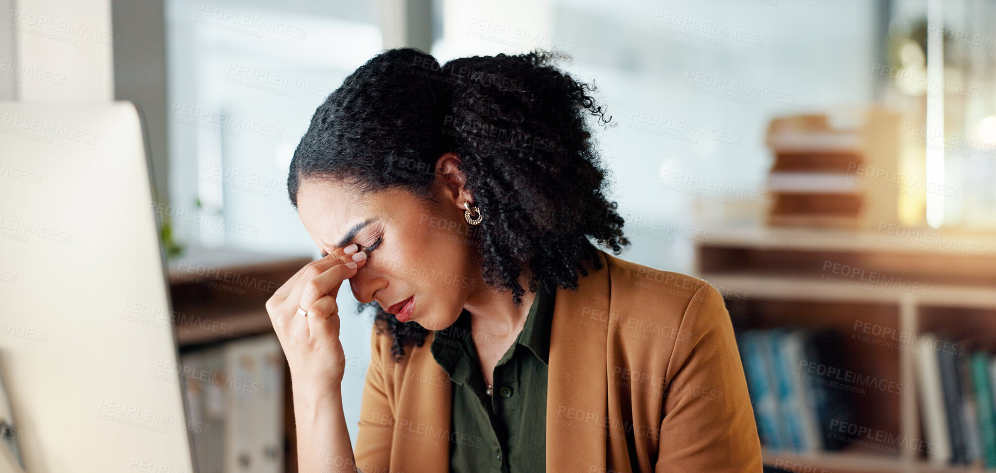 Buy stock photo Business woman, headache and stress on computer for Human Resources fail, mistake or payroll error online. Professional african person or HR worker with glasses, pain or sad on desktop for bad news