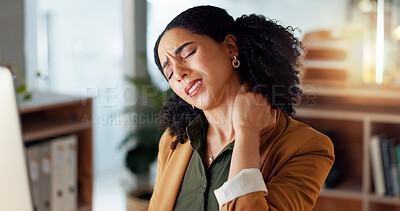 Buy stock photo Woman, neck and hand is sore, office and ache or cramp, laptop and business or pain. Businesswoman, injury and entrepreneur of startup, massage and arthritis or frustrated, fatigue and workplace