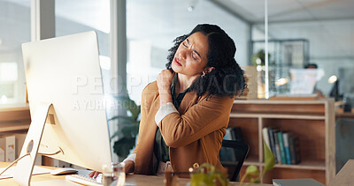 Woman, neck and hand is sore, office and ache or cramp, laptop and business or pain. Businesswoman, injury and entrepreneur of startup, massage and arthritis or frustrated, fatigue and workplace