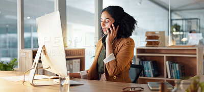 Woman, computer and phone call as receptionist for customer care or online booking, information or client trust.