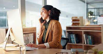 Buy stock photo Woman, computer and phone call as receptionist for client consulting or online booking, information with smile. Female worker, communication or talking in office for service, helping or appointment