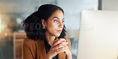 Businesswoman at computer with stress, thinking and reading email, debt review or article on taxes at digital agency. Internet, research and woman at tech startup, anxiety and risk in audit report.