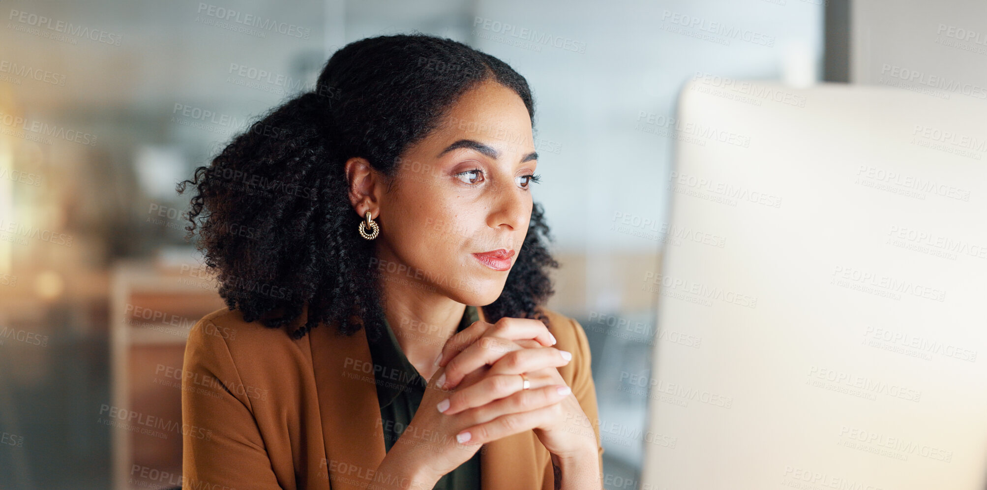 Buy stock photo Businesswoman at computer with stress, thinking and reading email, debt review or article on taxes at digital agency. Internet, research and woman at tech startup, anxiety and risk in audit report.