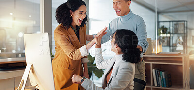 Buy stock photo Business, team and high five for news of success in office with collaboration or support for sales achievement. Employees, winning and celebration together for feedback on project goals or target