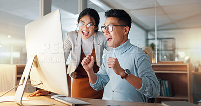 Buy stock photo Wow, happy and business people with success in teamwork, collaboration or support for achievement in office. Employees, winning and celebration together for feedback on project goals or target
