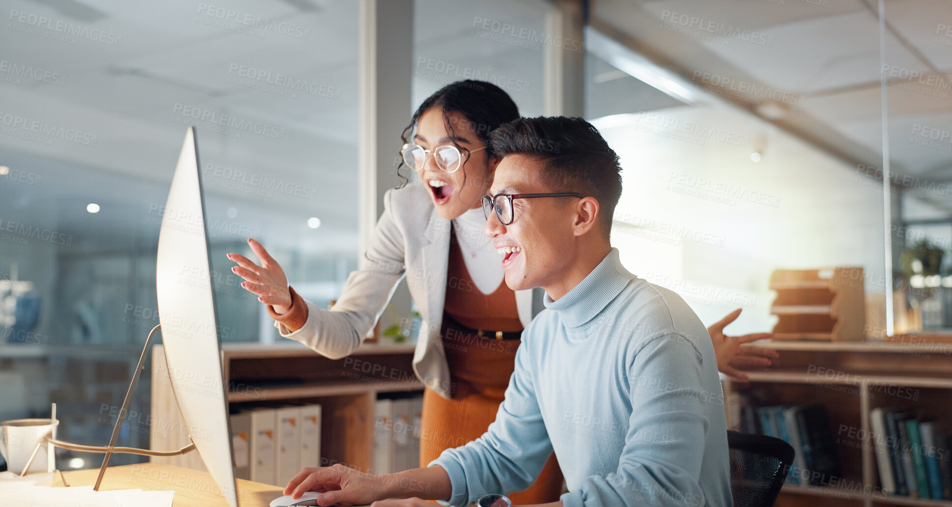 Buy stock photo Wow, happy and business people with success in teamwork, collaboration or support for achievement in office. Employees, winning and celebration together for feedback on project goals or target