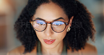 Business woman, reading and research on computer for online project, article review and editing or night analysis. Happy african editor or journalist with screen in glasses reflection for news report
