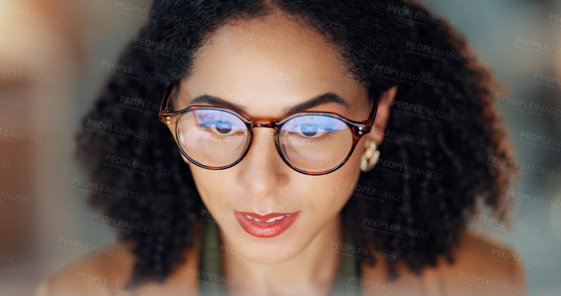 Buy stock photo Business woman, reading and research on computer for online project, article review and editing or night analysis. Happy african editor or journalist with screen in glasses reflection for news report