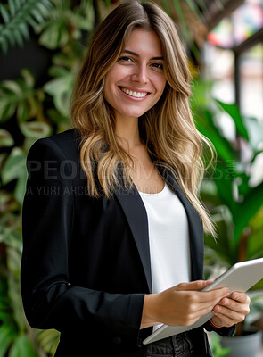 Woman, tablet and business portrait in an office for management, entrepreneur and corporate planning. Confident, female executive standing alone for portrait, strategy and leadership in workplace