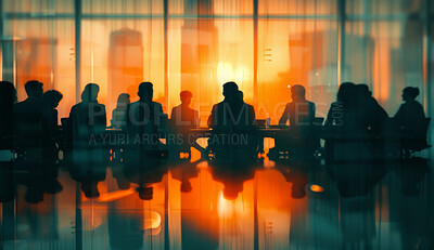 Corporate, boardroom and business group meeting in an office for partnership planning, discussion and marketing strategy People, silhouette and sunrise background for brainstorming and collaboration