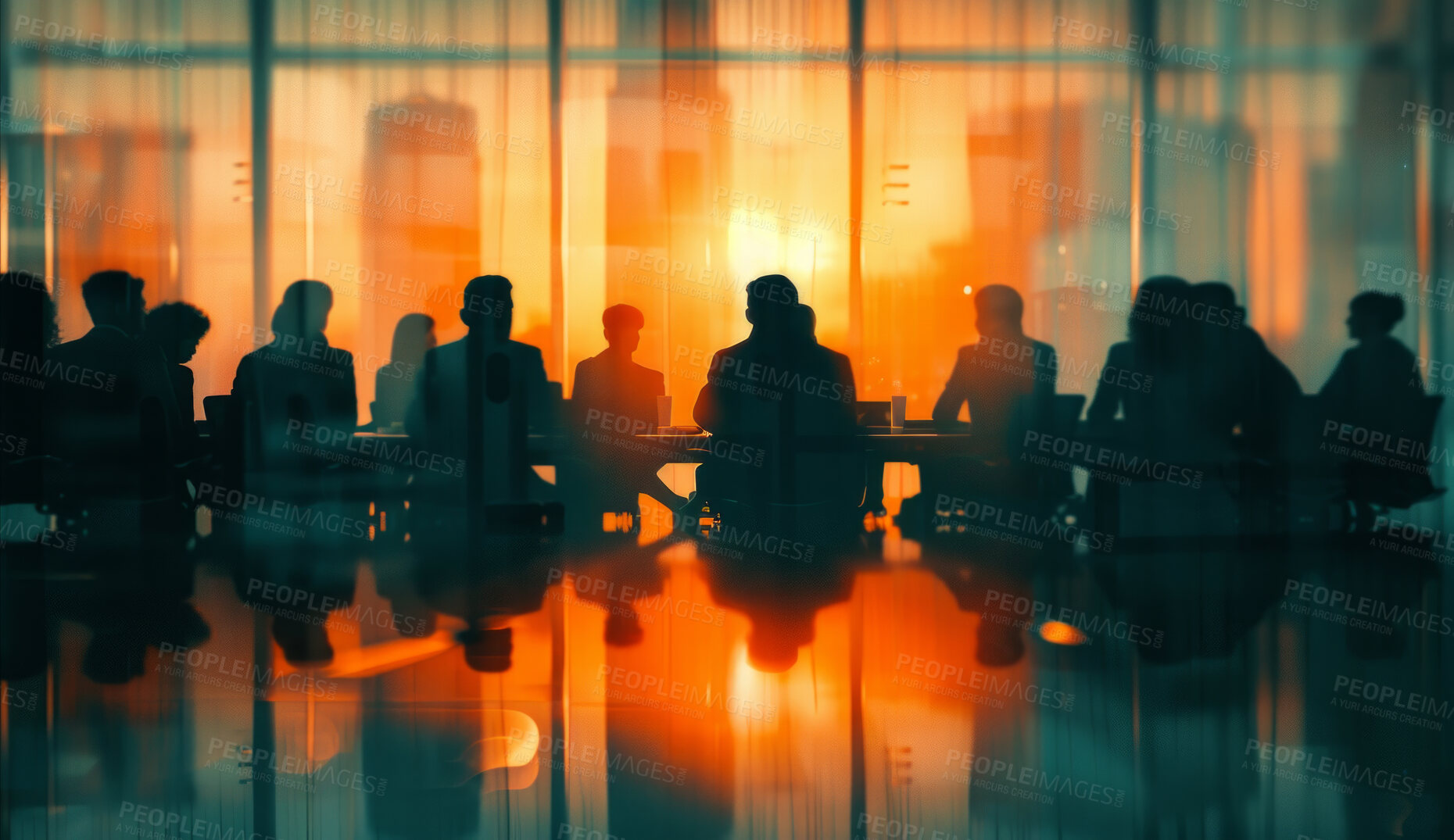 Buy stock photo Corporate, boardroom and business group meeting in an office for partnership planning, discussion and marketing strategy People, silhouette and sunrise background for brainstorming and collaboration