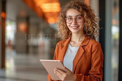 Woman, tablet and business portrait in an office for management, entrepreneur and corporate planning. Confident, female executive standing alone for portrait, strategy and leadership in workplace
