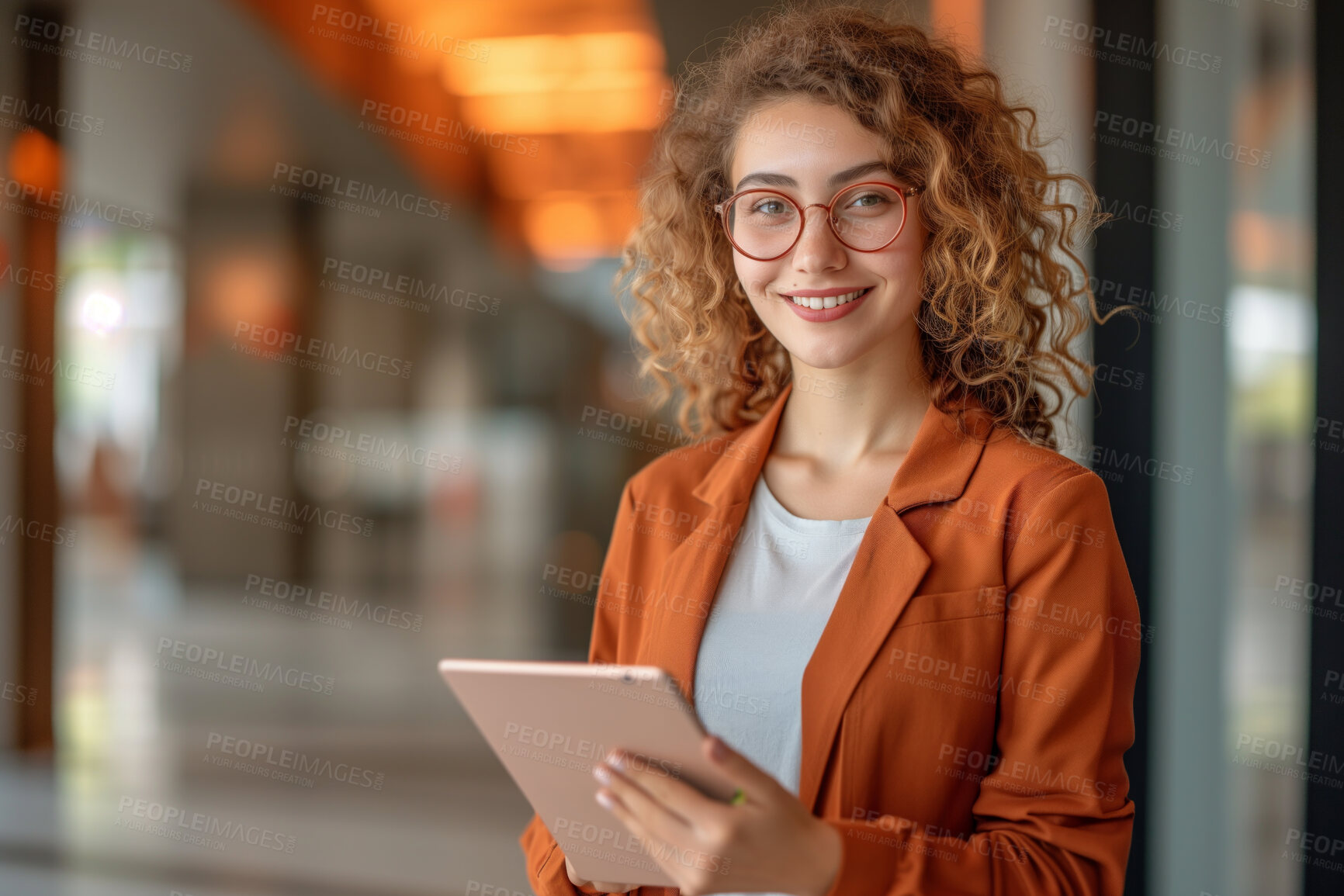 Buy stock photo Woman, tablet and business portrait in an office for management, entrepreneur and corporate planning. Confident, female executive standing alone for portrait, strategy and leadership in workplace