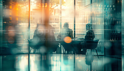Buy stock photo Corporate, boardroom and business group meeting in an office for partnership planning, discussion and marketing strategy People, silhouette and sunrise background for brainstorming and collaboration