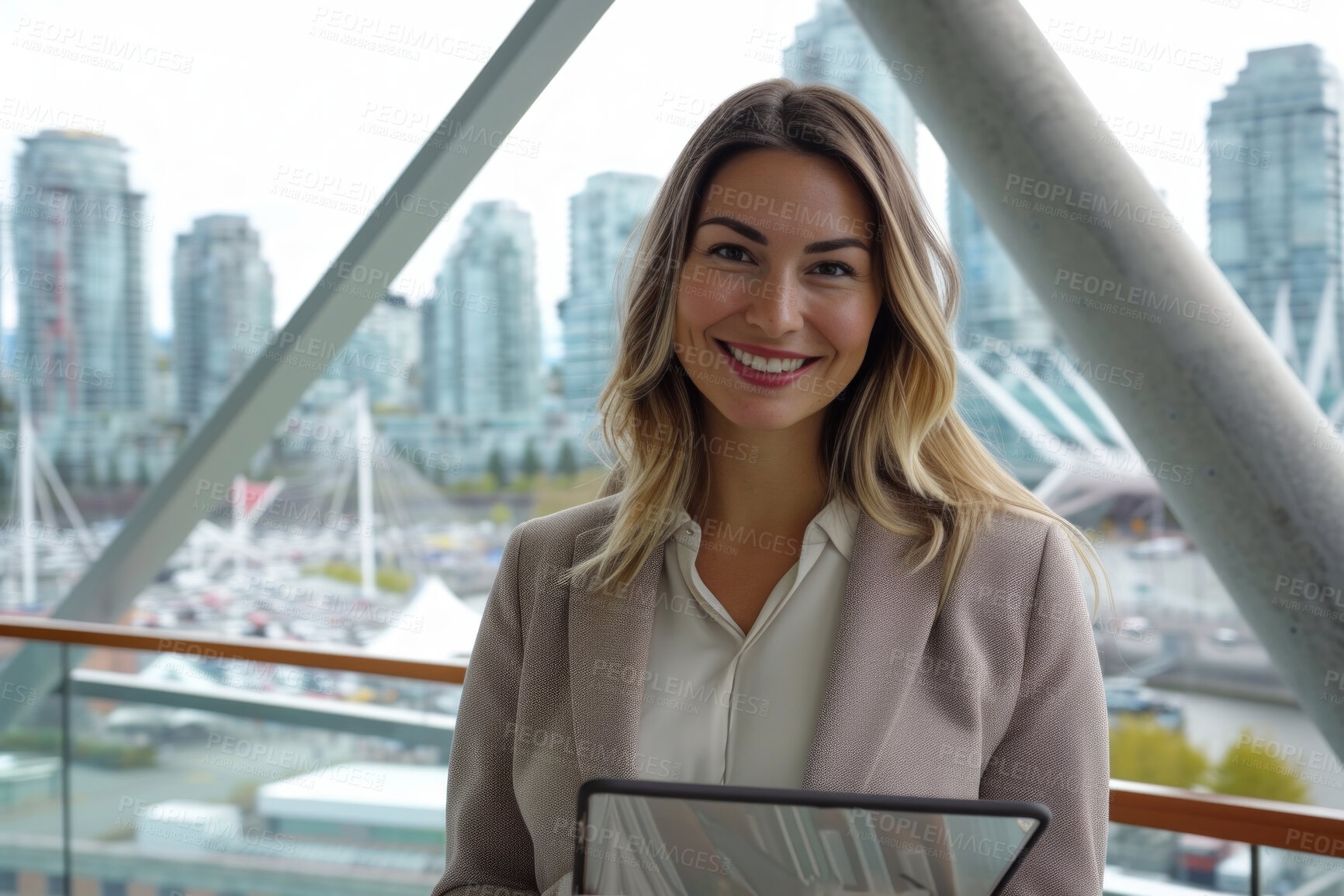 Buy stock photo Woman, tablet and business portrait in an office for management, entrepreneur and corporate planning. Confident, female executive standing alone for portrait, strategy and leadership in workplace