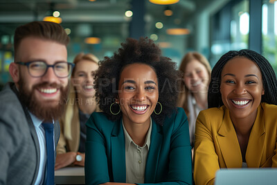 Group, portrait and business people in an office for collaboration, teamwork and corporate meeting. Confident, empowerment and diverse staff sitting together for support and leadership in workplace
