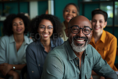 Buy stock photo Group, portrait and business people in an office for collaboration, teamwork and corporate meeting. Confident, empowerment and diverse staff sitting together for support and leadership in workplace