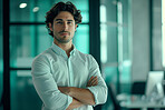 Man, entrepreneur and business portrait in an office for management, entrepreneur and corporate planning. Confident, male and executive with arms crossed for marketing or leadership in workplace
