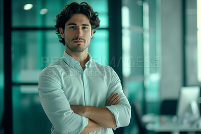 Buy stock photo Man, entrepreneur and business portrait in an office for management, entrepreneur and corporate planning. Confident, male and executive with arms crossed for marketing or leadership in workplace