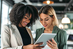 Women, tablet and business portrait in an office for collaboration, teamwork and corporate meeting. Confident, female executive standing together for support, strategy and leadership in workplace