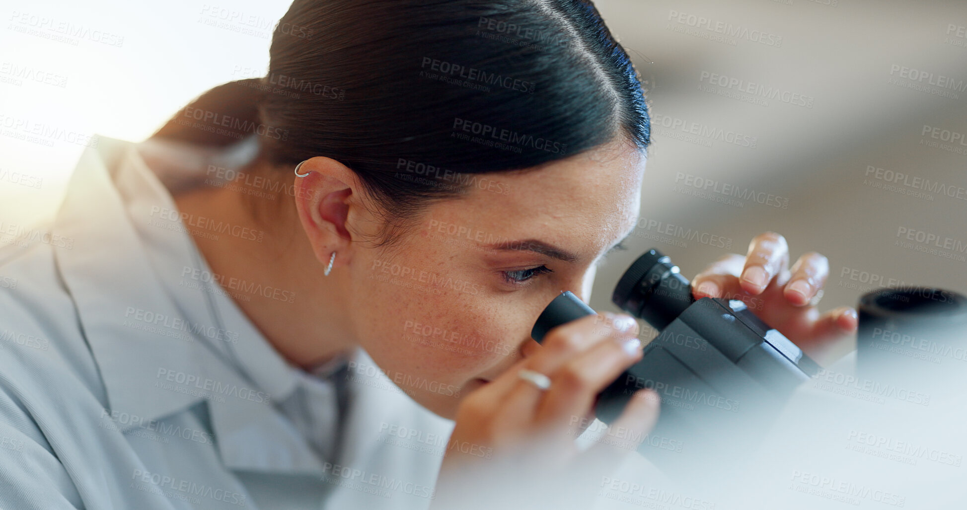 Buy stock photo Particles, microscope or woman scientist in laboratory for research, medical analysis or test experiment. Healthcare, investigation or science expert with technology for future development or results