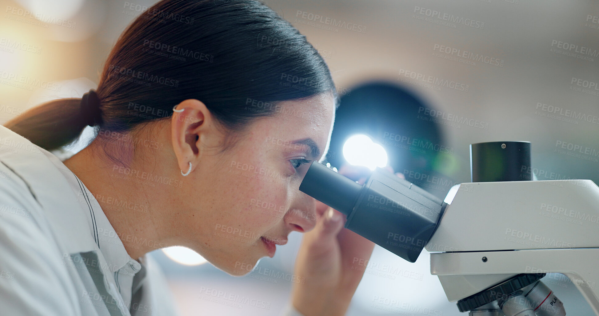 Buy stock photo Particles, microscope or woman scientist in laboratory for research, medical analysis or test experiment. Healthcare, investigation or science expert with technology for future development or results