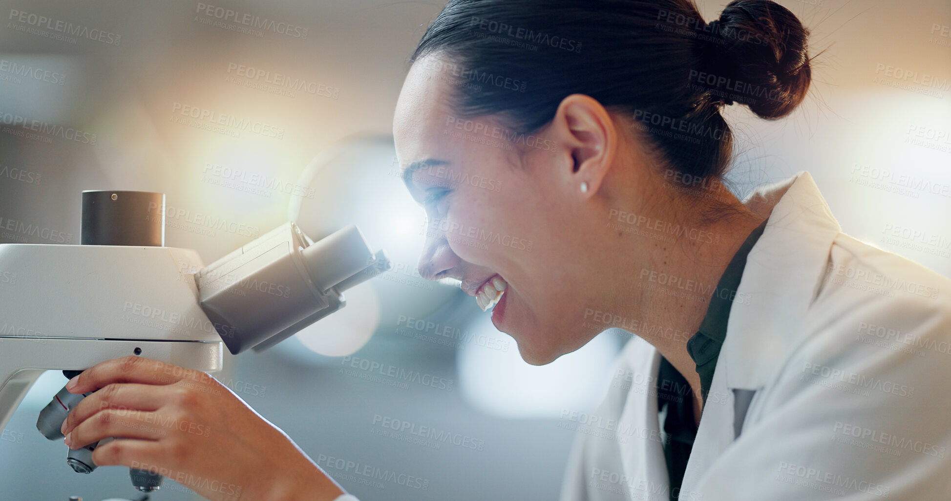 Buy stock photo Science, research and happy woman with microscope, technology or biotech data in laboratory. Medical innovation, scientist or lab technician in study in healthcare, medicine or pharmaceutical future