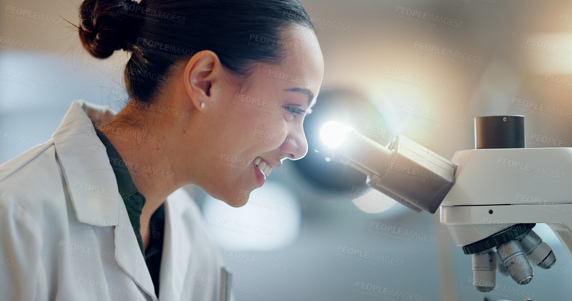 Buy stock photo Science, research and happy woman with microscope, technology or biotech data in laboratory. Medical innovation, scientist or lab technician in study in healthcare, medicine or pharmaceutical future