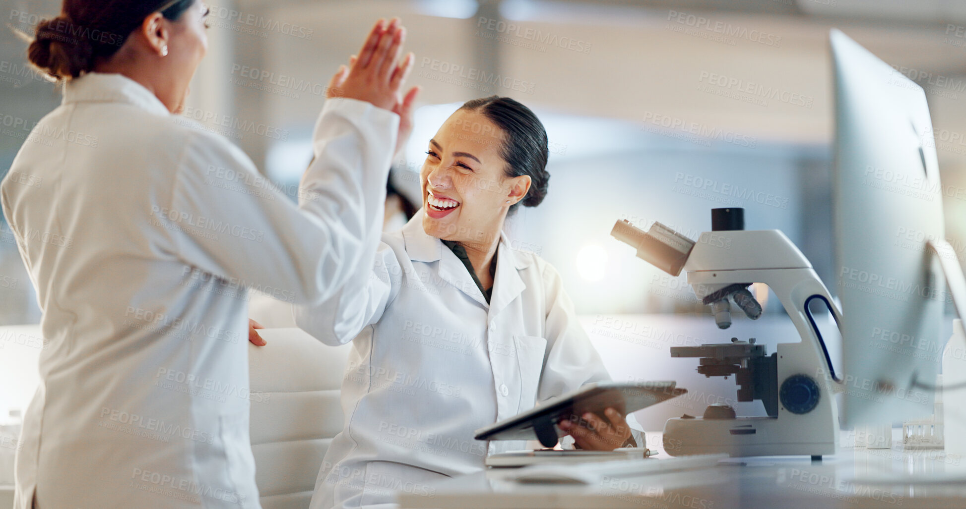 Buy stock photo Teamwork, scientist or doctors high five for success, medicine breakthrough or partnership in lab. Science, collaboration or happy women celebrate medical support, goal target or DNA news with smile