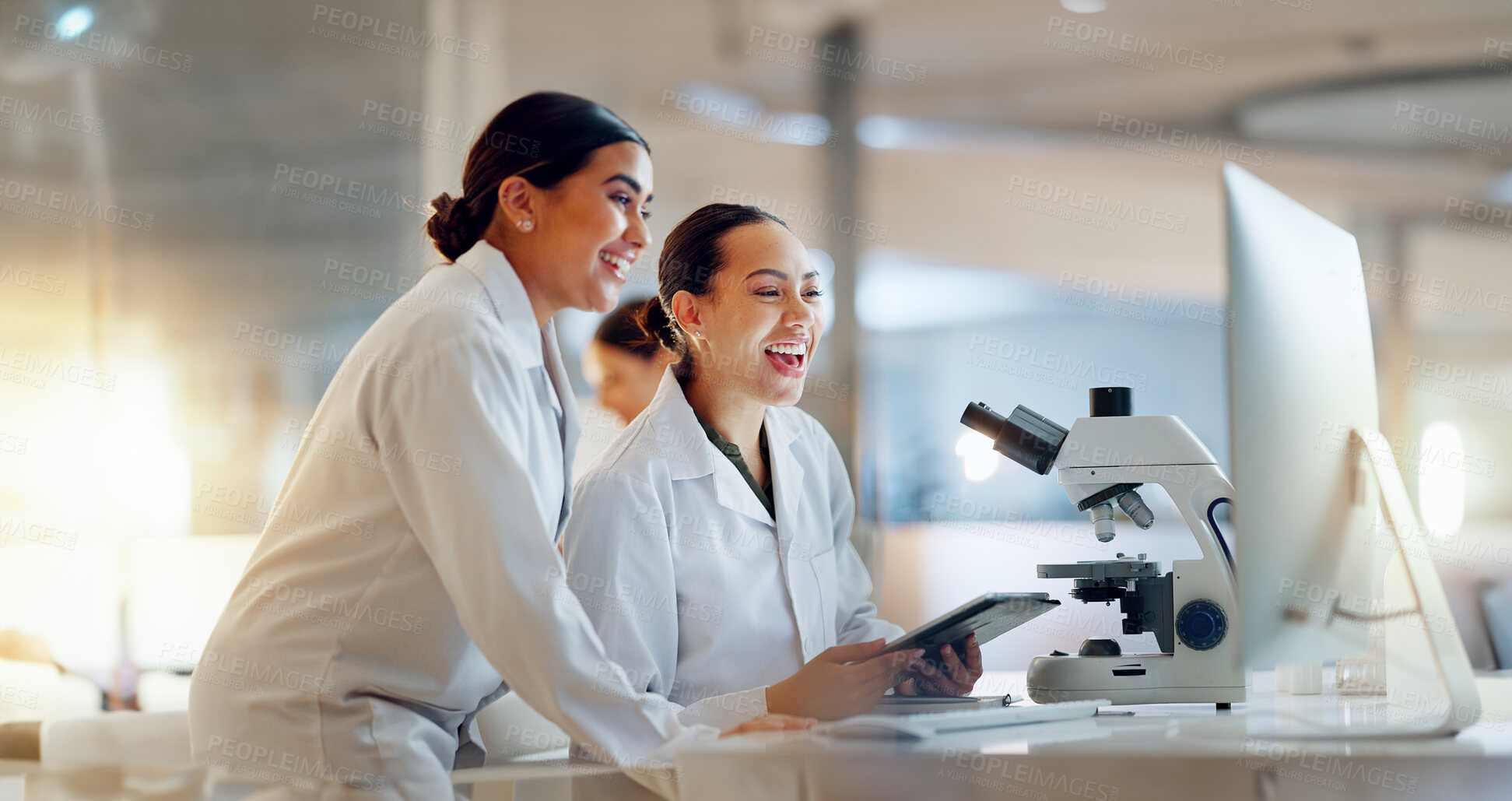 Buy stock photo Scientist, women and teamwork on tablet and computer for laboratory advice, medical research and night planning. Students, science people or mentor on digital technology of test results or comparison